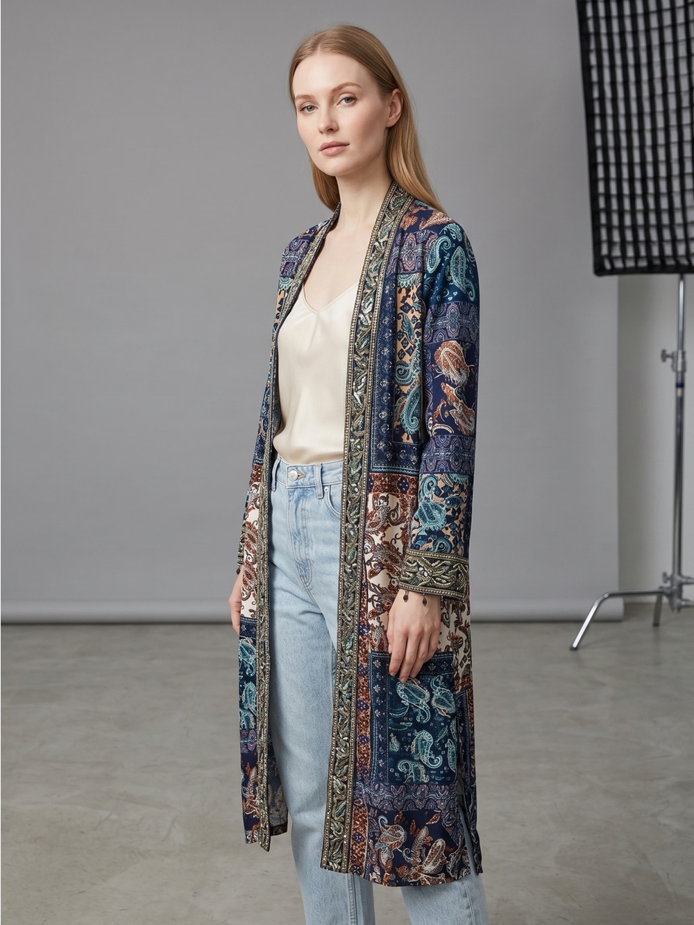 Boho Patchwork Longline Duster - Navy, Teal & Rust